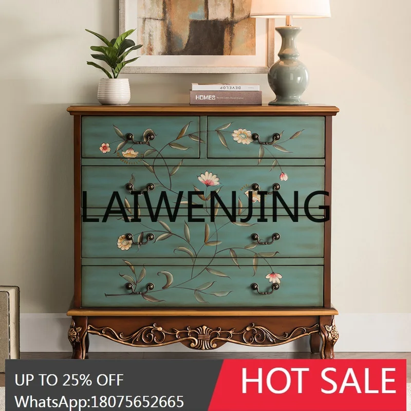 Gold Foil Painted American Mediterranean Blue Solid Wood 5-Drawer Cabinet Distressed Carved Storage Curio Cabinet