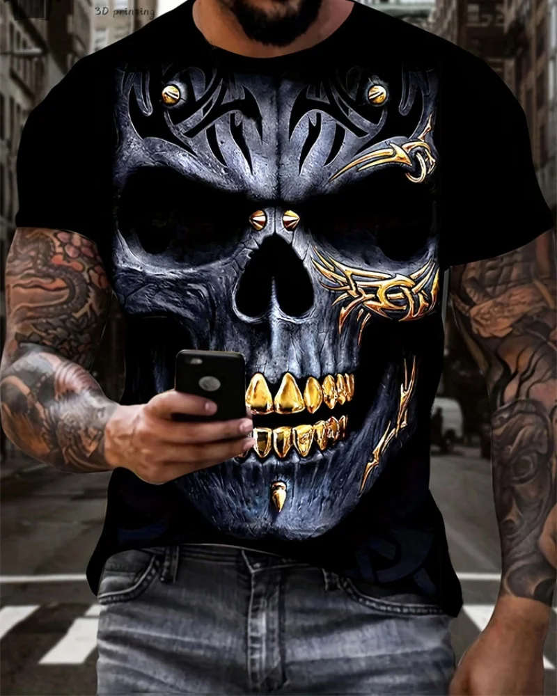 

Ретро-футболка с круглым вырезом и короткими рукавами, мужская футболка с 3D черепом, модная уличная трендовая футболка, мужская одежда Y2K, мягкая и дышащая