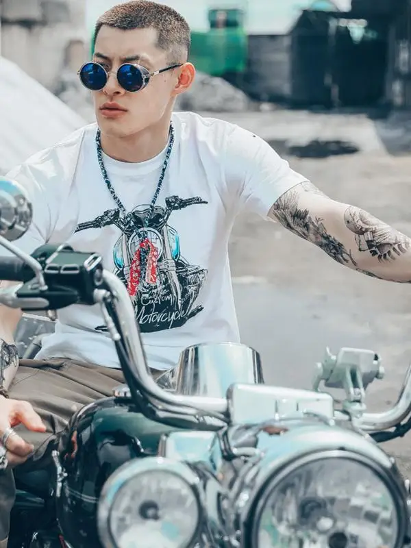 

European and American Retro Retro Trendy Brand Off-road Motorcycle Half-sleeved Cotton Short-sleeved T-shirt Male Personality