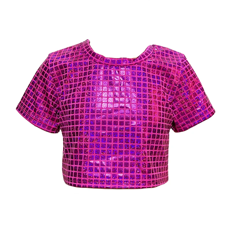 Kids Shiny Metallic Short-sleeved Crop Top Laser Grid Mock Neck Hip-hop Jazz Dance Costumes Street Dance Stage Performance Wear