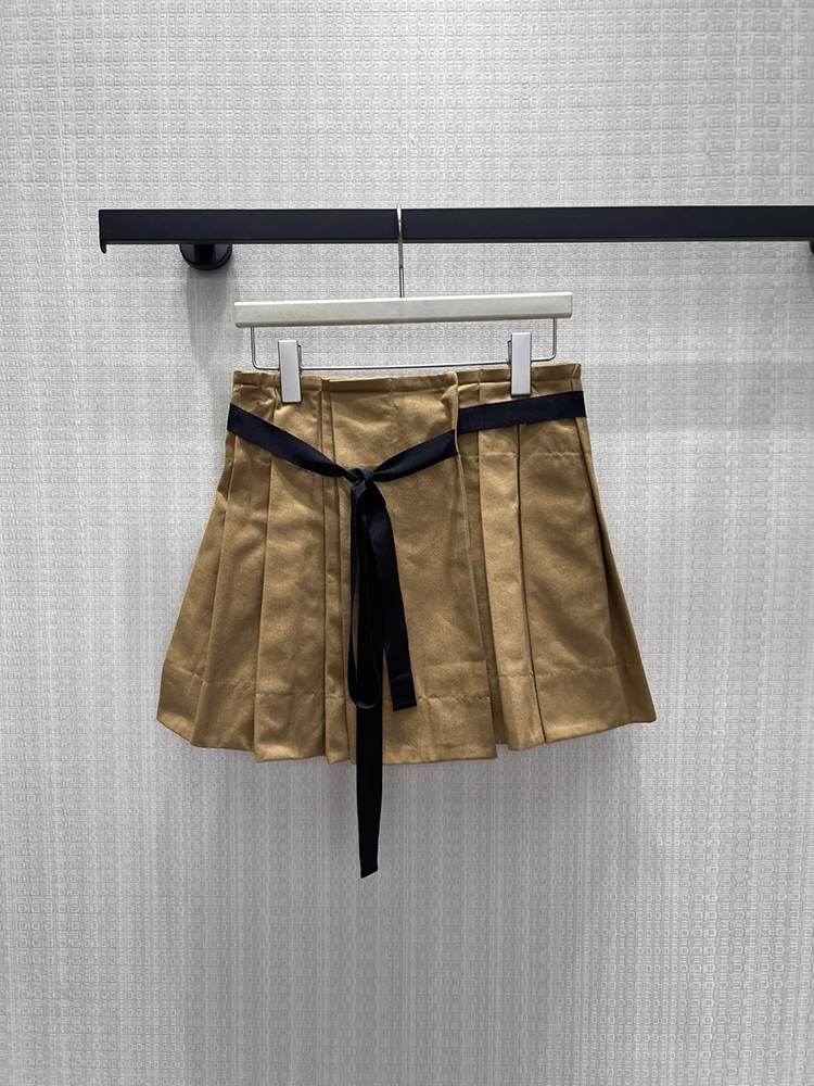 Summer Fashion Party Brown Color Elegant A-Line Mini Skirt Women's Solid Color Middle Waist Belt Slim Sexy Pleated Short Skirt