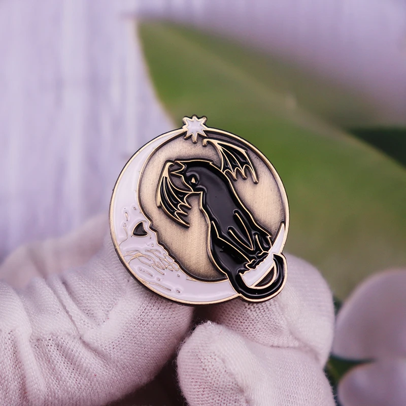 Skull Crescent Moon Bat Cat Enamel Pin Gothic Mystery Animal Brooch Jewelry Halloween Gifts for Kitty Owners