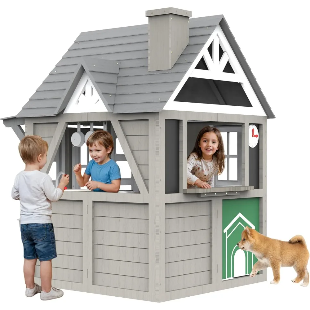 

Kids Playhouse Outdoor,Cedar Gray Wooden Play House for Kids Ages 3-6,Interactive Doorbell，Window Boxes for Flowers and Toys