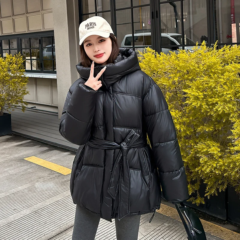 

2025 Streetwear Glossy Cotton-padded Jacket Women's Parkas Winter Loose Coats Hooded Sashes Outerwear Lady Thicken Warm Overcoat