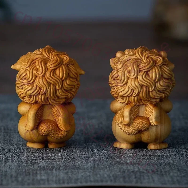 Wood Carving Pi Xiu Mascot Small Statue Solid Wood Art Hand Carving Cute Home Room, Office God Beast Ornaments Small Gift