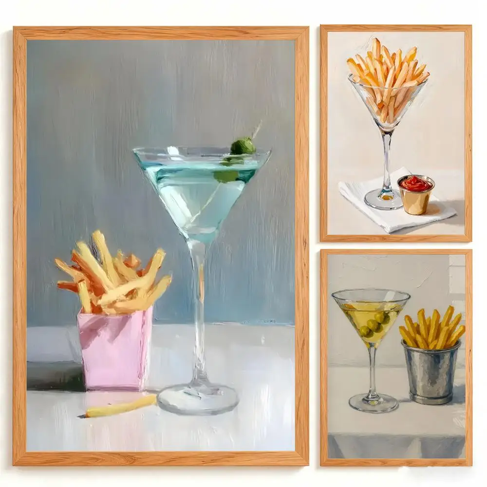 Martini French Fries Canvas Poster Whimsical Food Drink Oil Painting Retro Kitchen Bar Home Decor Gift Painting Calligraphy