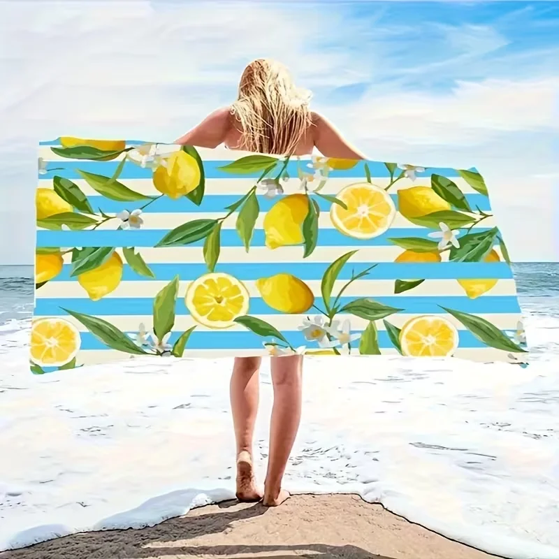 La Dolce Vita Lemon Blue White Striped Beach Towel Mediterranean Style Sandproof Towel Summer Pool Vacation Decor