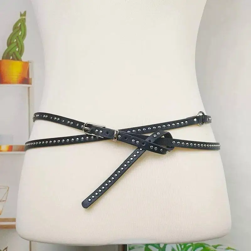 인스 패션 더블 벨트 PU 가죽 벨트 다용도 개성 스파이스 걸 액세서리 벨트 펑크 리벳 가죽 얇은 더블 벨트