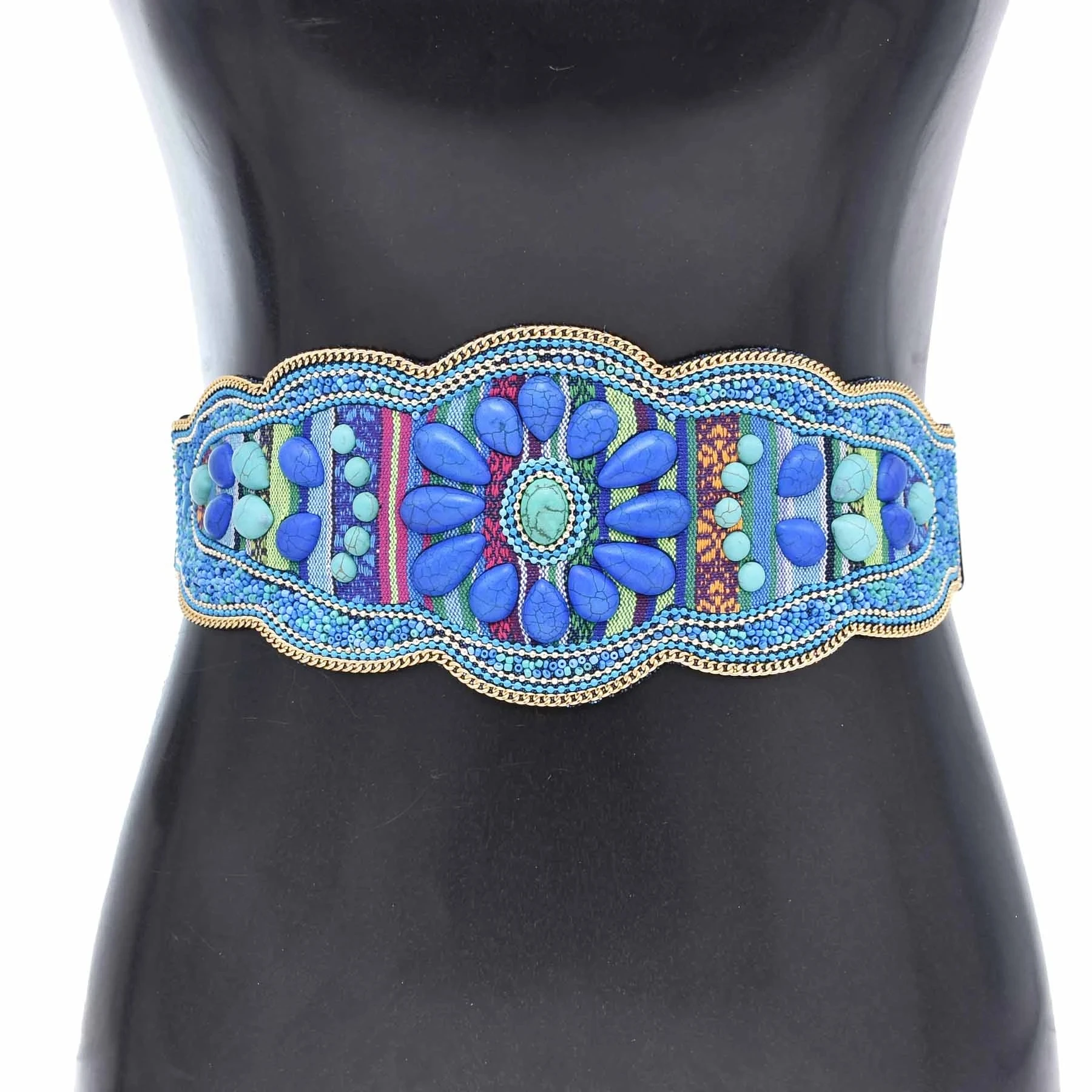 Handmade Bohemian Waist Belt  Green Blue Turquoise Elastic Statement Belly  Body Chain Dress Belt  Ethnic Jewelry