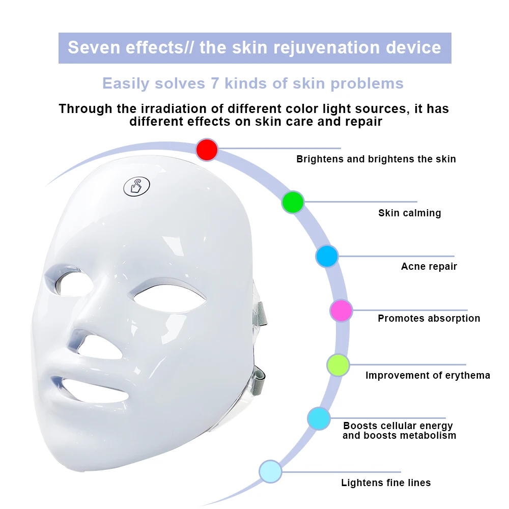 Masque facial à LED de luminothérapie à 7 couleurs, rajeunissement de la peau, masque de spa blanchissant, anti-acné, élimination des rides, masque de beauté rechargeable