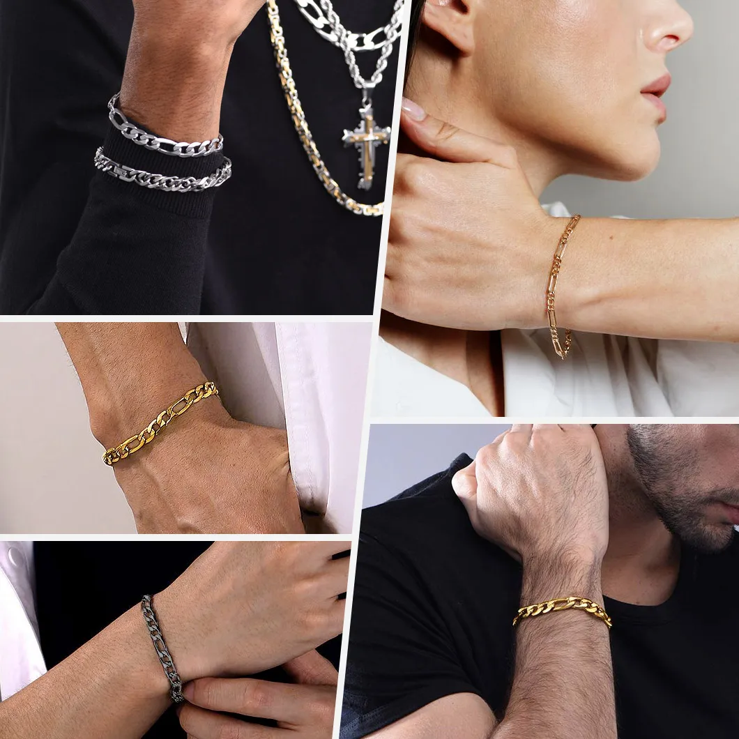 U7 Stainless Steel 5mm Figaro Chain Necklaces Bracelets Set for Man Woman Classic 16-30 Inches Necklace Chain Jewelry Set Gift