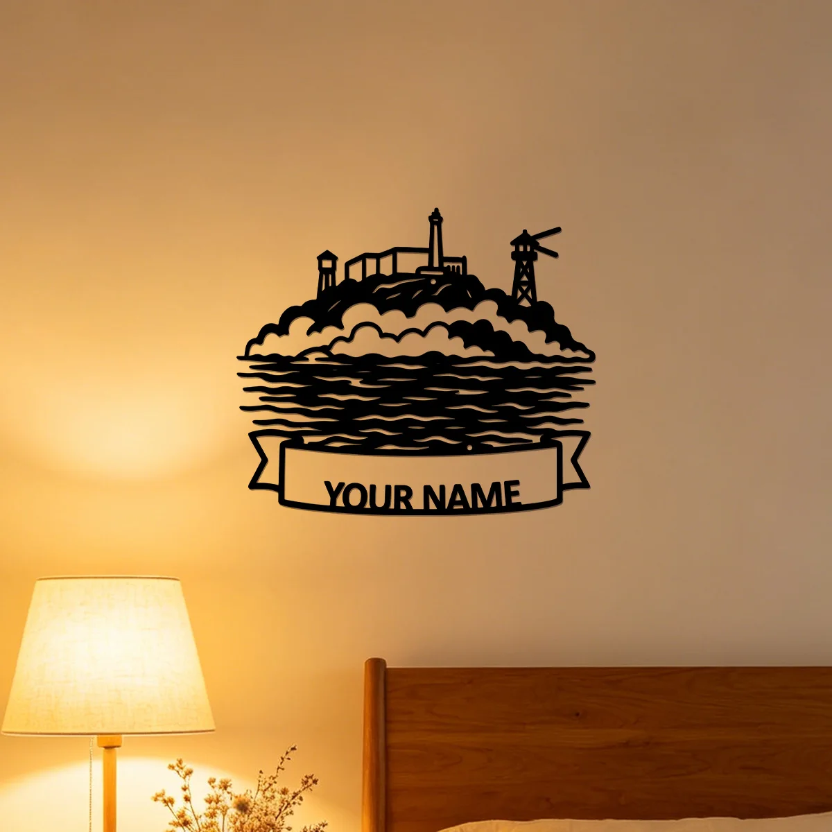 Custom Name Island Prison Lighthouse Metal Wall Art, Watchtower Ocean Waves Metal Sign, Indoor Home Living Room Wall Decoration
