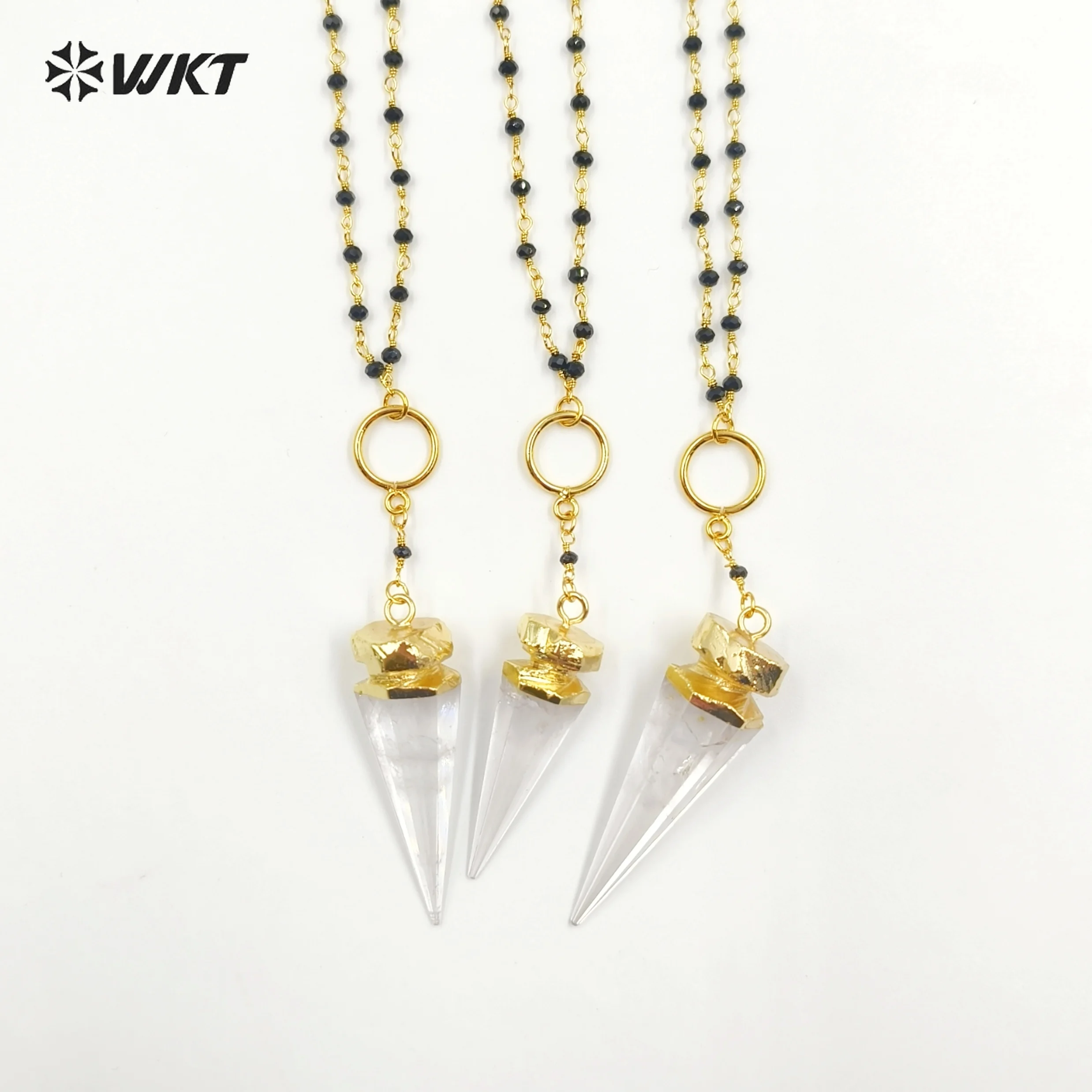 

WT-N231 Amazing 18k real gold plated Natural long healing crystal quartz point pendant necklace women lucky stone beads chain