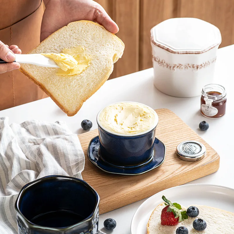 Polygonal ceramic butter preservation cup, butter box, yellow oil tank, cheese sealed container, storage for kitchen use