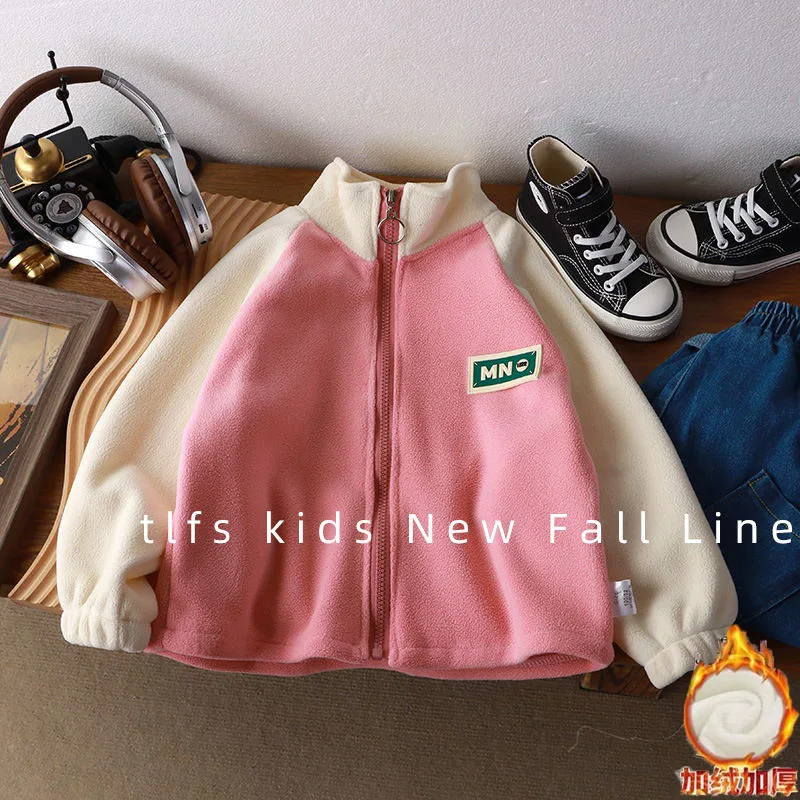 Herbst-Winter Jungen Trendige Dicke Fleecejacke Mädchen Farbblock-Oberteil Kinder Weiche Lässige Baby-Outfit Kinder Campus-Sportjacke – Detail 3