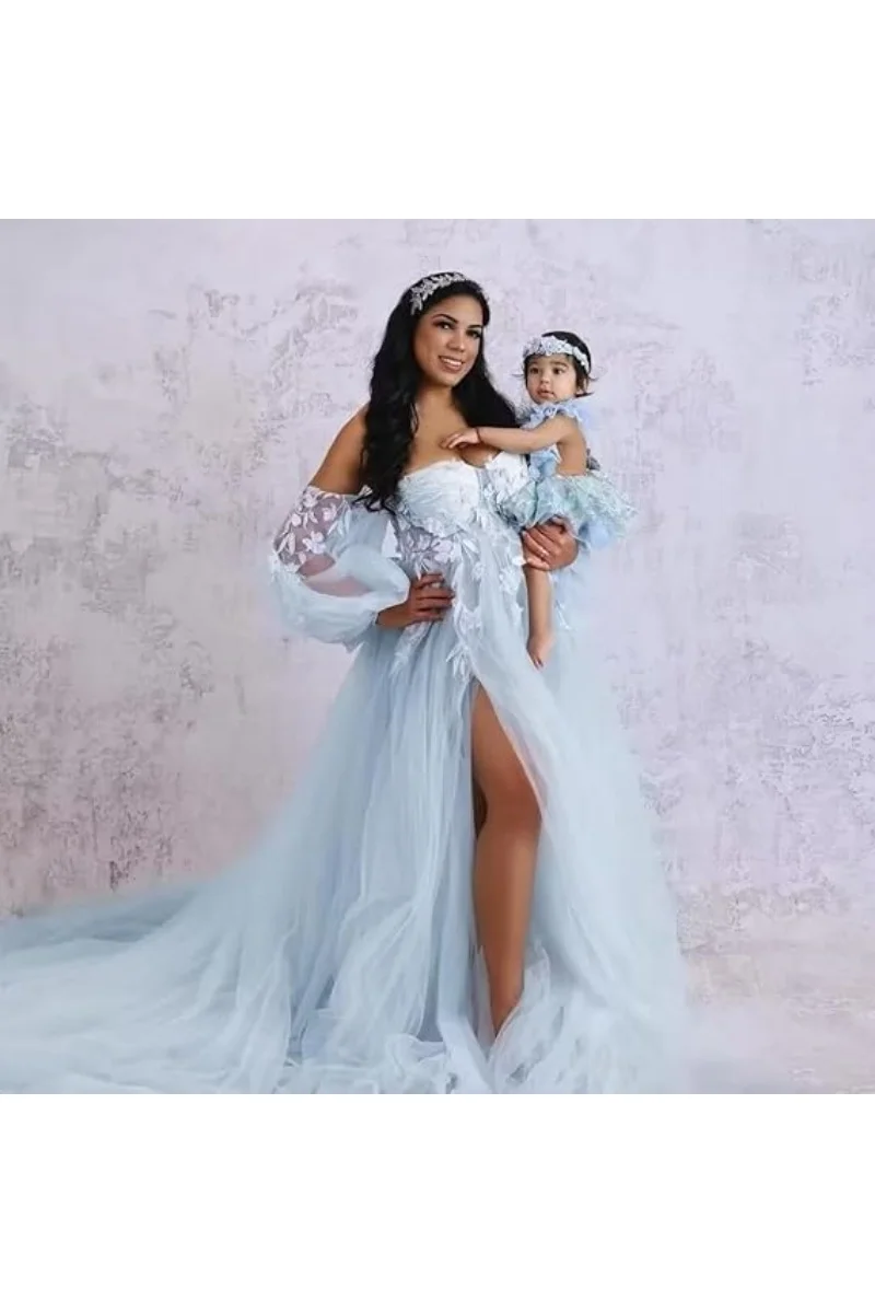 

Laces Maternity Dress for Photoshoot Tulle Appliques Pregnancy Gown Off Should Long Sleeve Baby Shower Dress