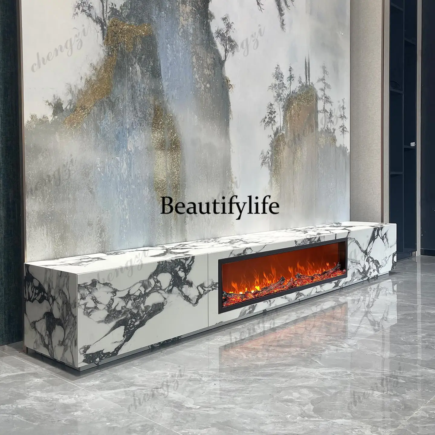 Any Size Custom Stone TV Console Fireplace Italian Minimalist Living Room Media Cabinet Silent Drawers