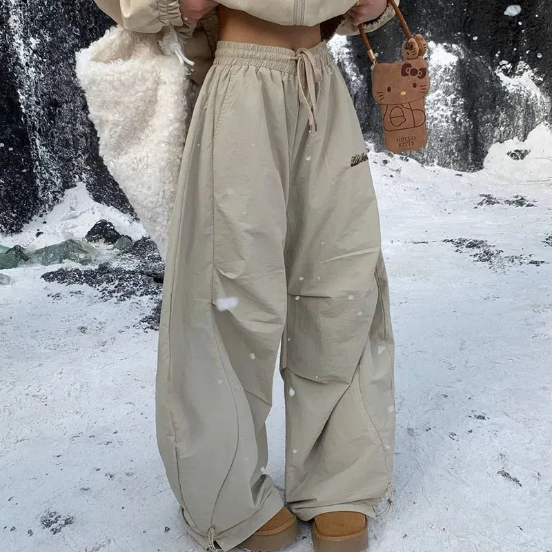 Pantalones cálidos de lana de invierno para mujer, pantalones holgados y gruesos con Bordado de letras Harajuku para nieve, pantalones Cargo Vintage Y2K Street Hip Hop