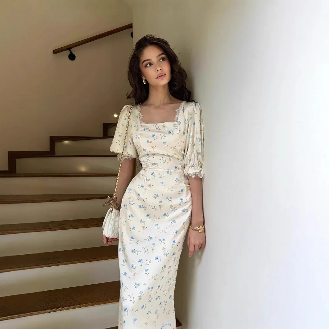 Europeu e americano 2025 moda primavera festa à noite fino ajuste rendas até cetim impressão suave estilo fada vestido de renda para mulher