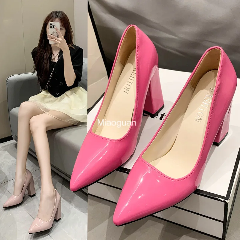 New Dark Green Patent Leather PU Woman Pumps 10cm Square Heels Sexy Party Pointed Toe Luxury Women\'s Shoes Super Big Size 35-43