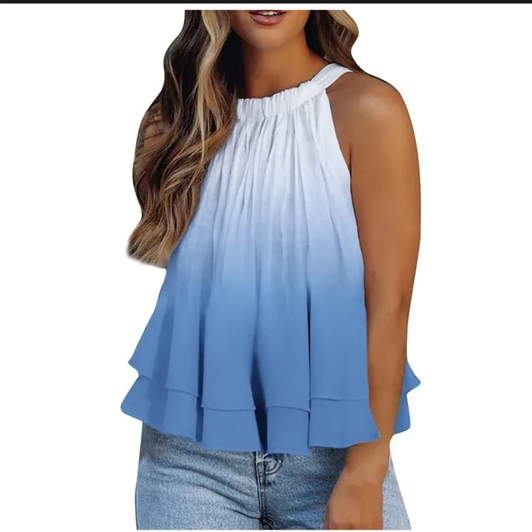 New Sexy Fashion Print Round Neck Hanging Neck Tie up Sleeveless Sweet Shirt for WomenWomen Vest Tops