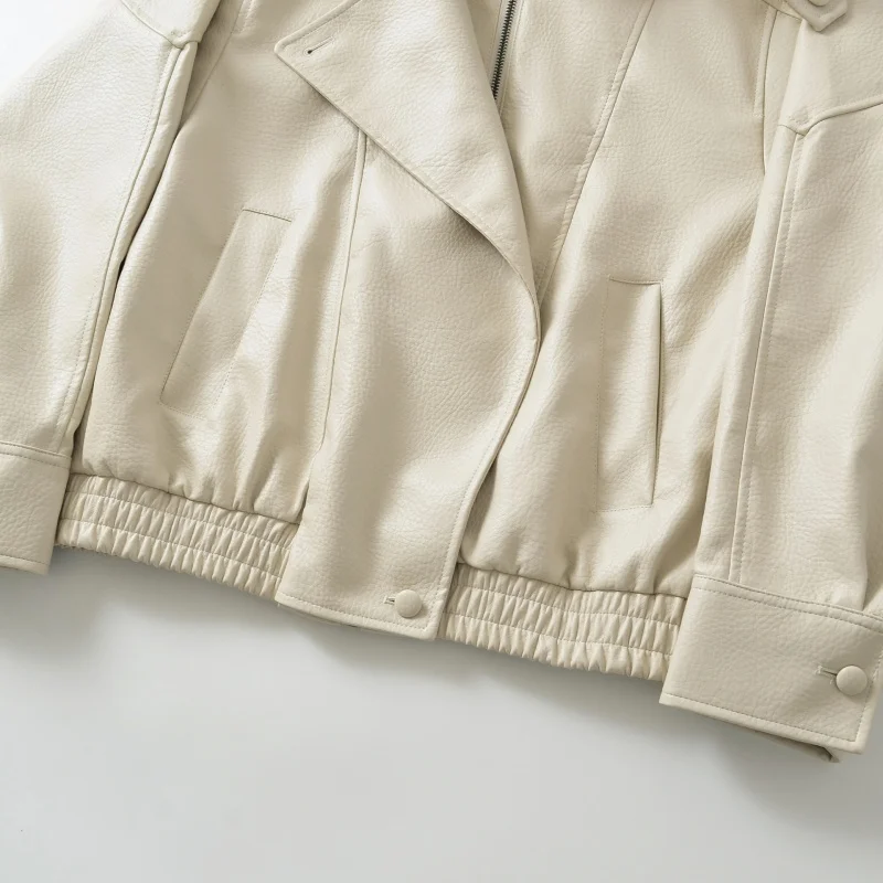 Autumn Women Casual Korean Faux PU Leather Jacket Loose Stand Collar Long Sleeve Female Biker Jacket Streetwear Beige Black