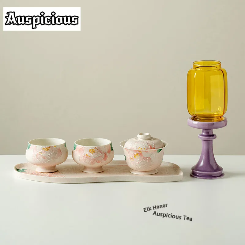 Juego de Té de Peonía Rosa Claro, Juego Completo de Ceremonia de Té Japonesa, Juego de Tetera y Tazas de Té, Suministros de Té, Adornos