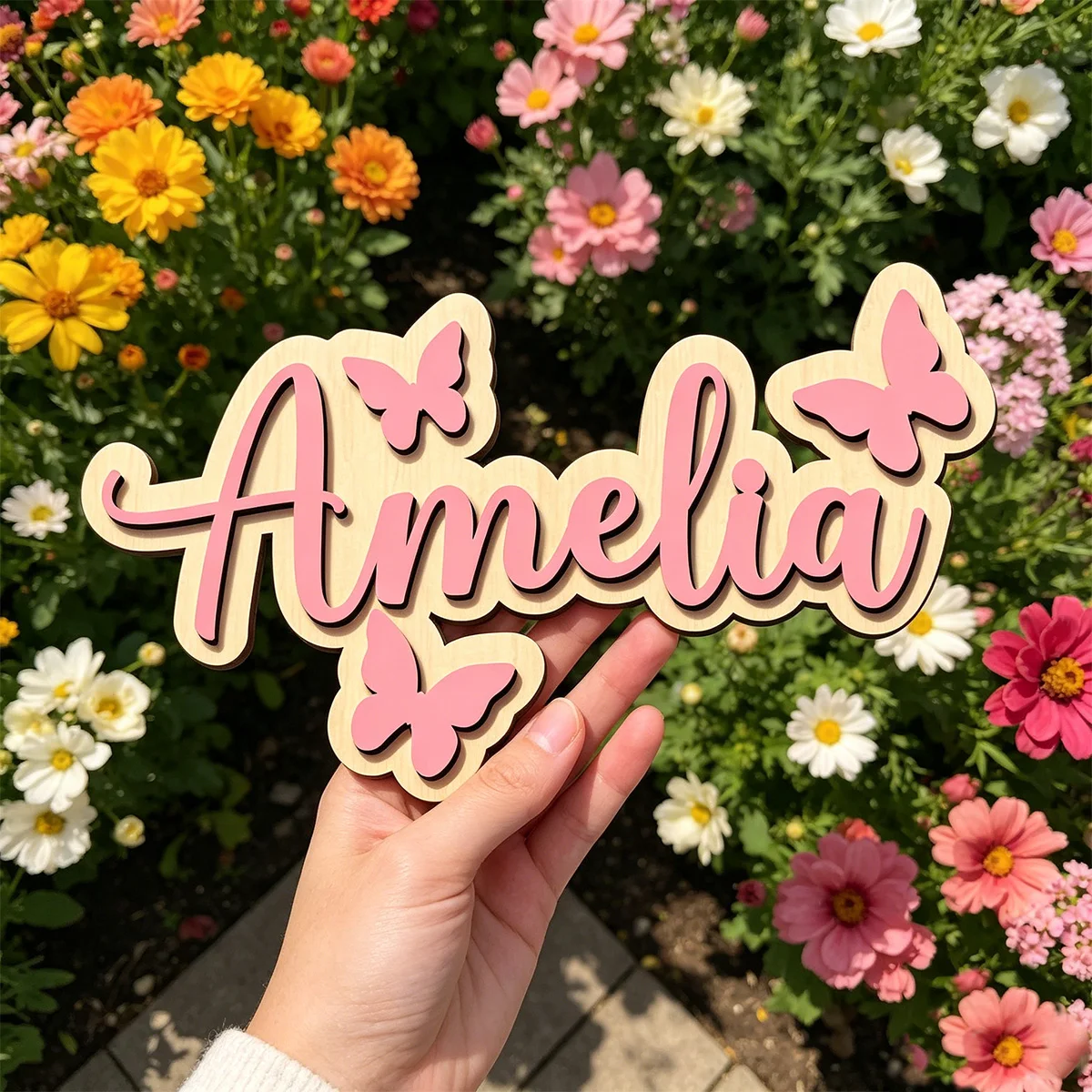 1pc personalized double-layer wooden surname brand, multi-layer customized gift, butterfly shaped, children's room decoration