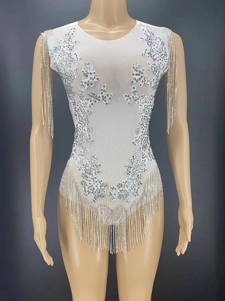 

Sparkly Silver Rhinestones Stretch Leotard Fringe Transparent Bodysuit Women Dancer Show Outfit Prom Bar