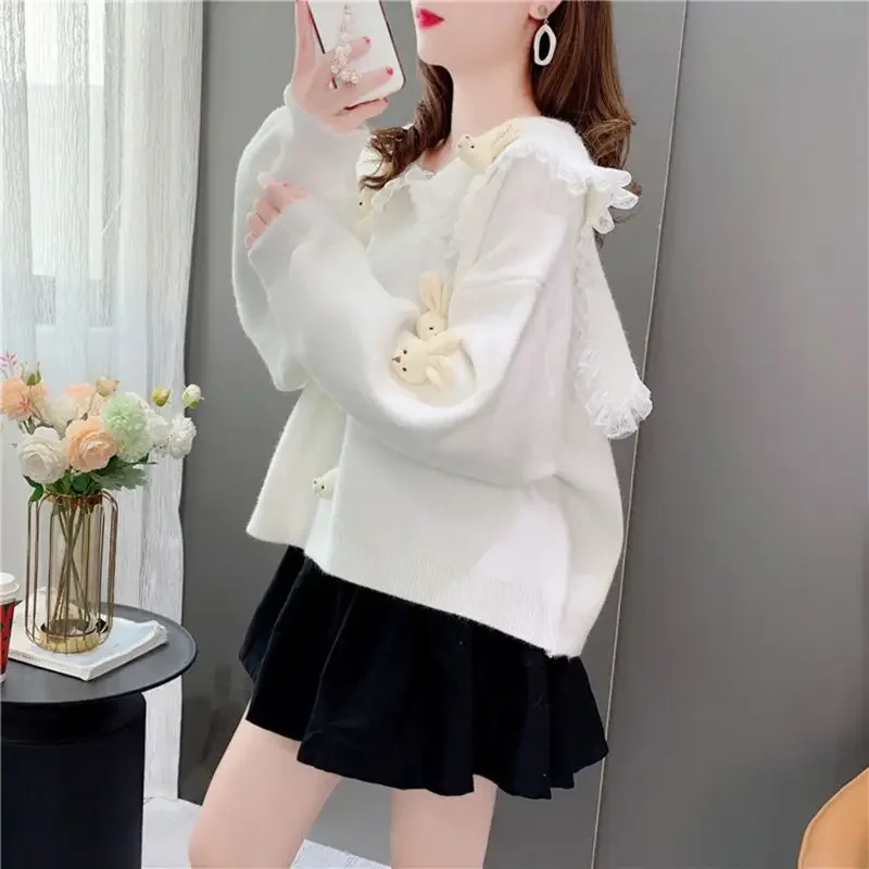 2025 Sweatshirts Women Sailor Collar Lace Splicing New Sweet Cartoon Sweater Solid Tops Female