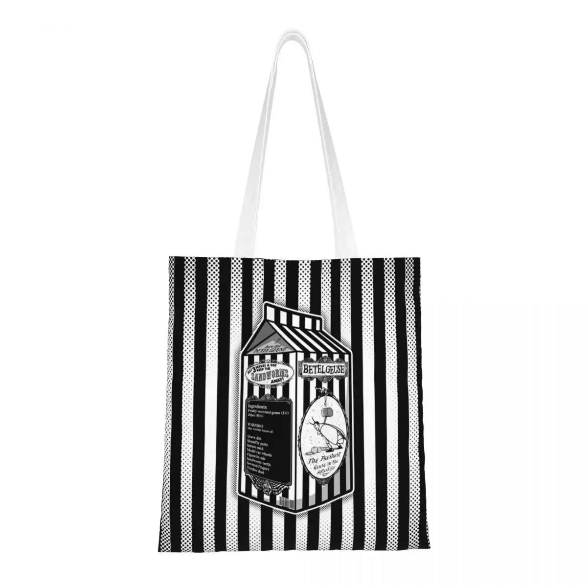 Custom Beetlejuice Grocery Shopping Bags Canvas Shopper Shoulder Tote Bag Big Capacity Washable Horror Comedy Movie Handbag