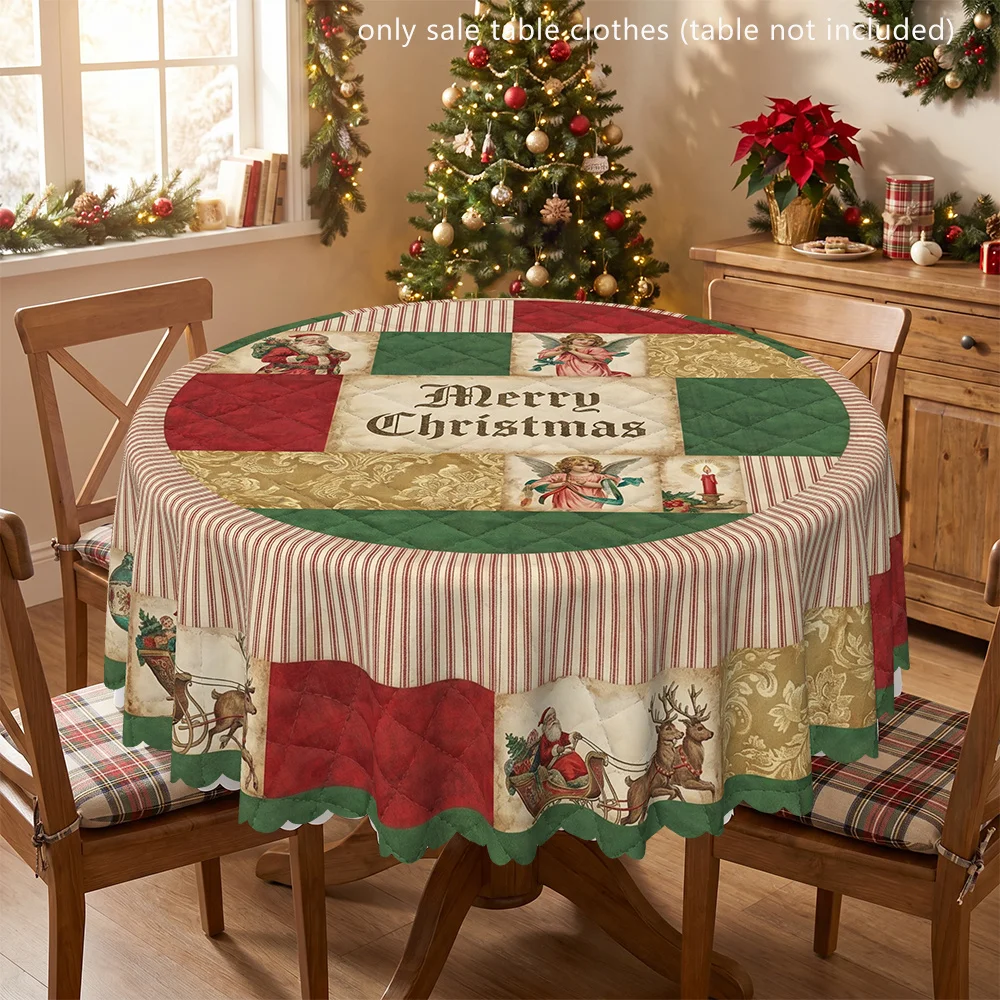 Vintage Santa and Angel print round tablecloth, common indoors and outdoors, including Santa and Angel patterns