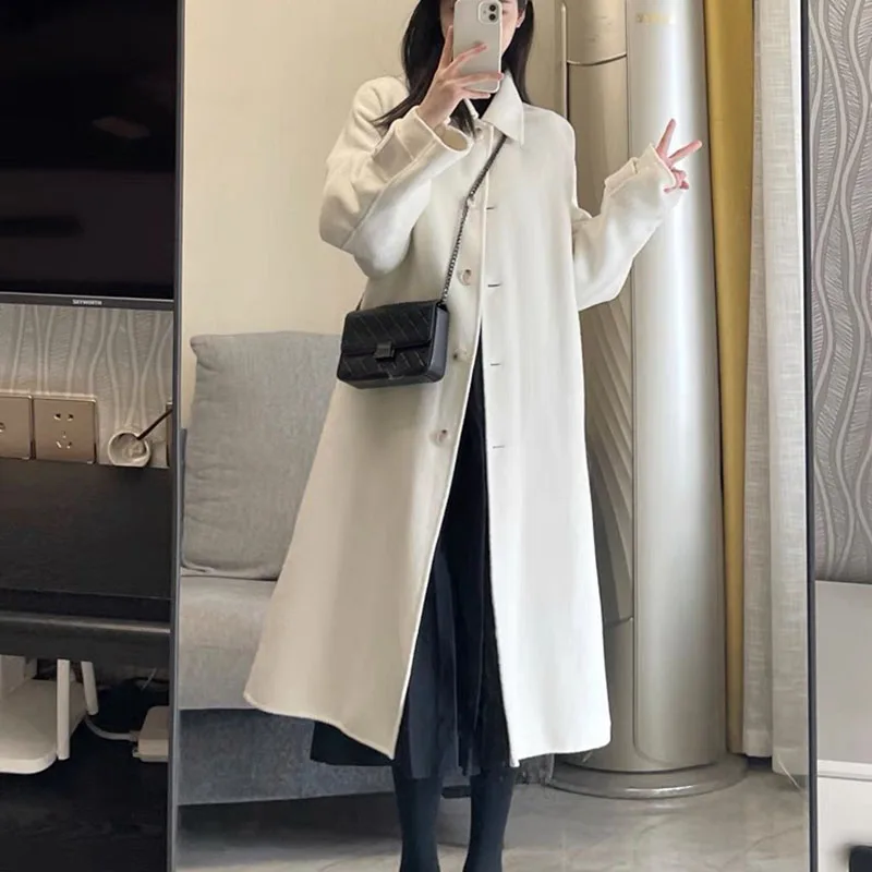 

Gidyq Women Faux Woolen Coats Korean Fashion Elegant Bandage Loose Jacket Casual Female Button Long Blended Overcoat Autumn New