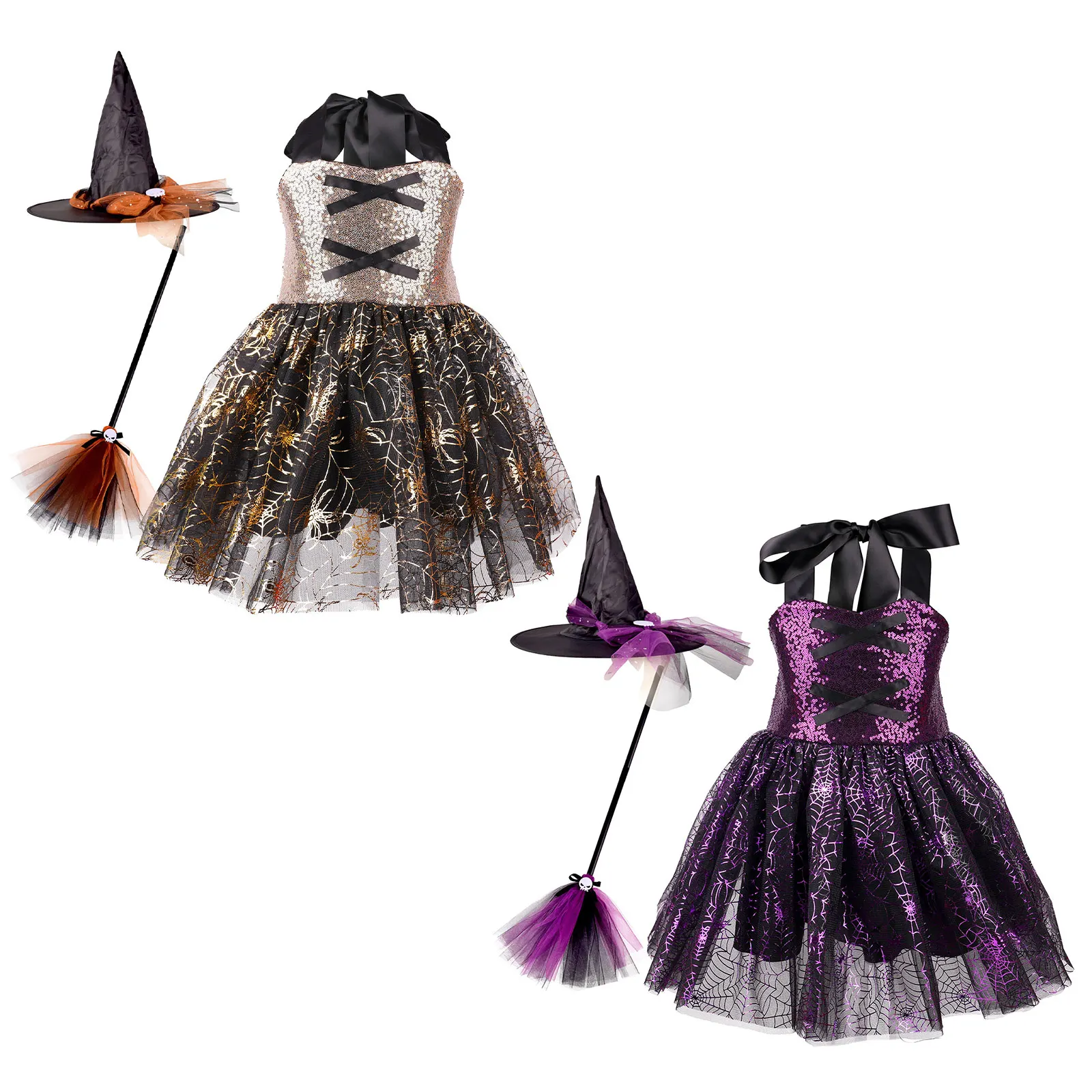 مجموعة أزياء ساحرة ساحرة للفتيات كاملة مع مكنسة قبعة وفستان سباركلي للعروض السحرية والمناسبات التنكرية