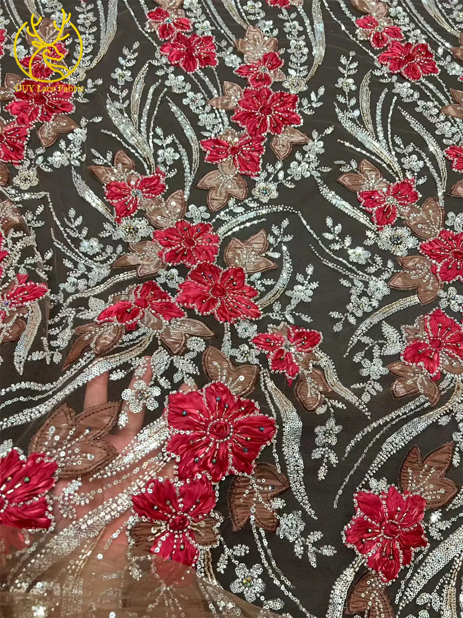 2026 Luxuriöser französischer Tüll-Mesh-Pailletten-Spitzenstoff, hochwertiger Kaffeebrauner afrikanischer 3D-Spitzenstoff für nigerianische Hochzeits- und Partykleider – Detail 12