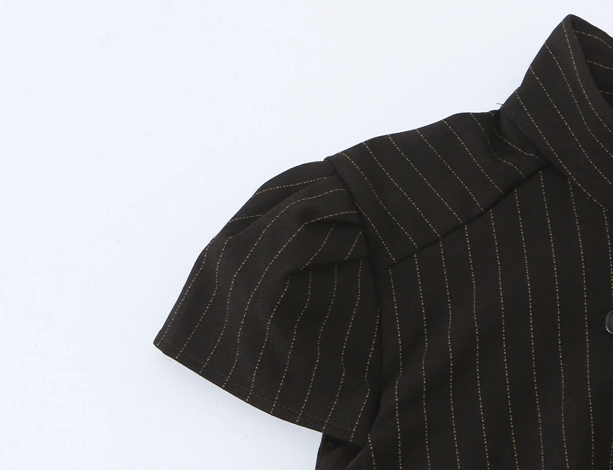 BSAY 2026 Neue Retro Preppy-Style Damen Bluse mit Stehkragen, Doppelreihig, Kurzarm, Schmal Geschnitten, Kariert und Gestreift, Arbeitsbluse – Detail 23