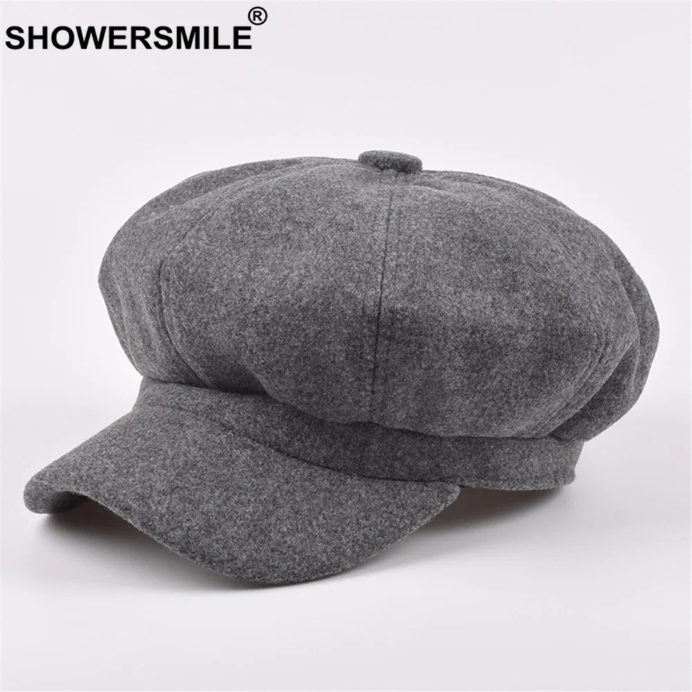 SHOWERSMILE Female Beret Wool Newsboy Cap Red Hats for Women Khaki Ladies Baker Boy Hat Autumn Winter Vintage Octagonal Cap