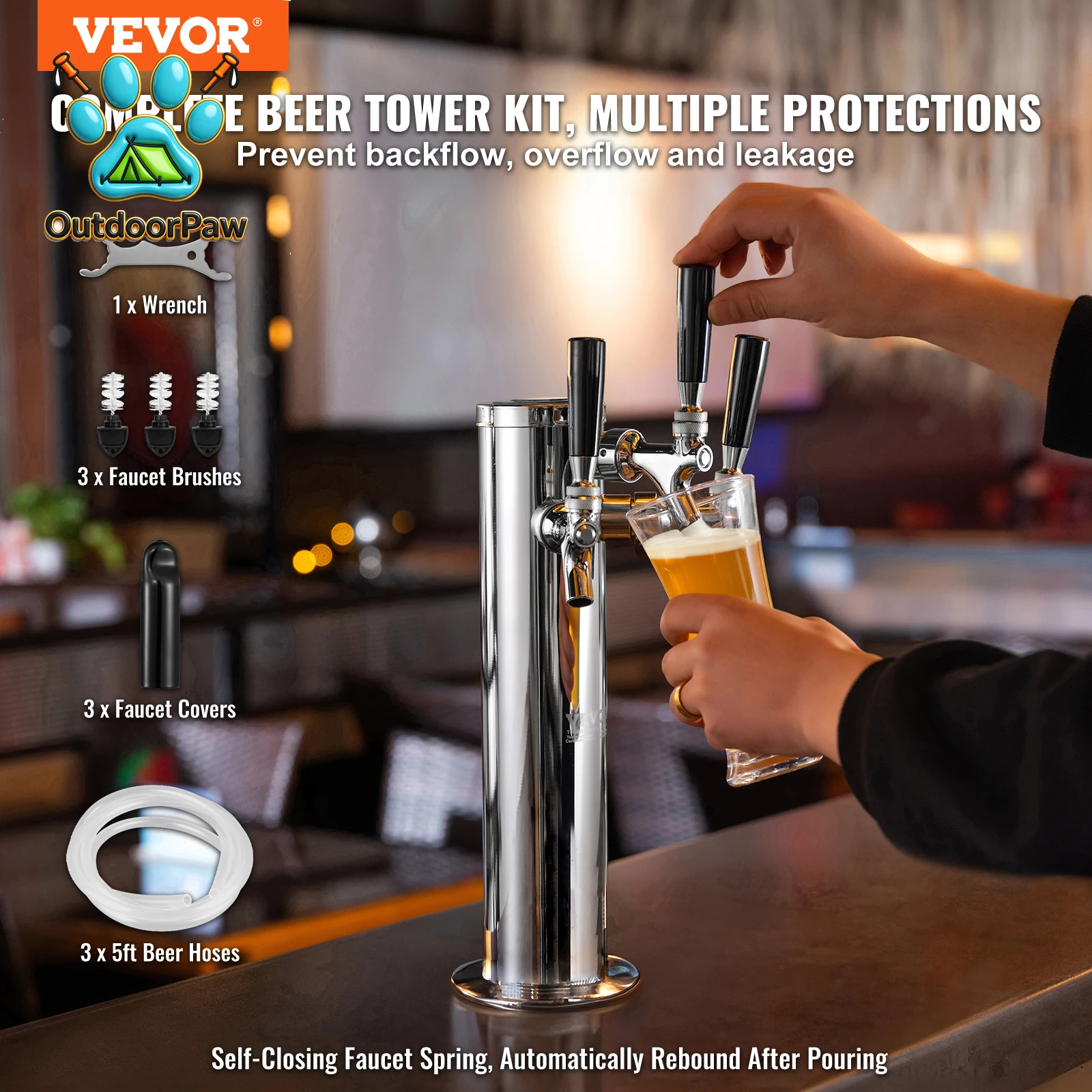 SucceBuy Triple Taps Draft Beer Tower Dispenser Stainless Steel Keg Beer Tower Kegerator Tower Kit Pre-Assembled Tubing for Bar