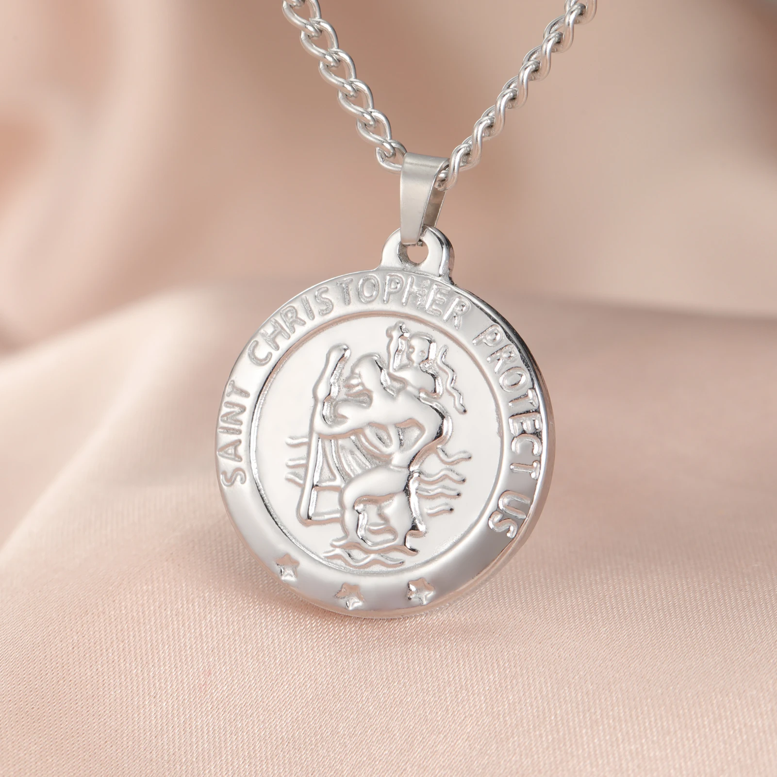 قلادة من الفولاذ المقاوم للصدأ سانت كريستوفر حمايةنا عملة قلادة قلادة سلسلة خمر للرجال النساء القلائد العقلية الهدايا