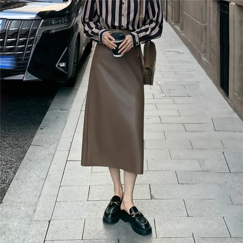 

2024 NEW Spring Autumn Leather Skirt Women Retro Temperament Korean Split Package Hip Skirts High Waist PU Leather Mujer Faldas