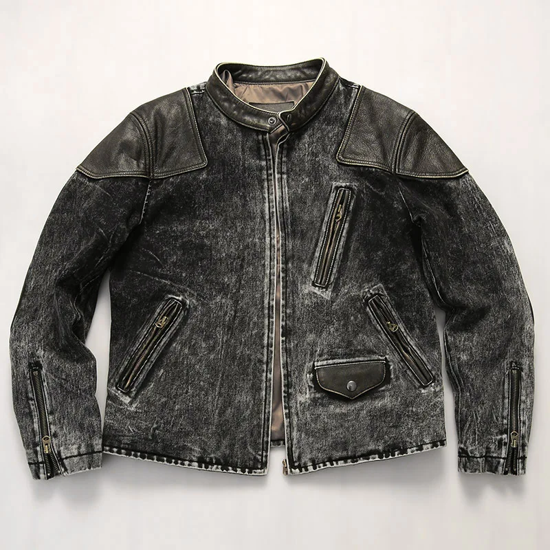 Veste en cuir Denim américain Vintage, manteau en cuir de vache ciré délavé, Style rétro