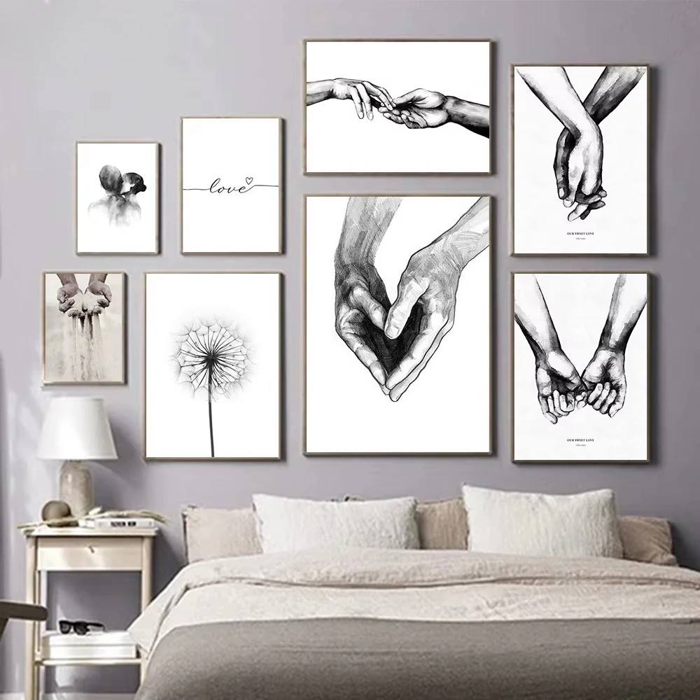 Black and White Wall Art Canvas Painting Couple Hand Painting Abstract Love Poster Printmaking Nordic Living Room Decoration