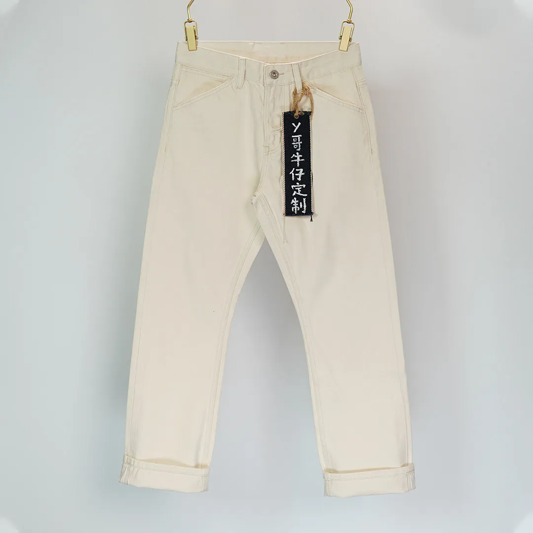 

12oz Selvedge Denim White Jeans for Men American Vintage Casual 100% Cotton Washed No Shrink Non-Stretch Straight Leg Pants