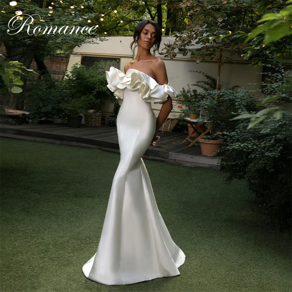 

Simple Strapless Pleat Mermaid Wedding Dress Women Off The Shoulder Open Back Satin Bridal Gown Vestidos De Novia Customized
