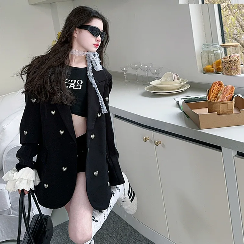 

Teenager Girls Dark Wind suit jacket 2025 fashion high-end heavy industry three-dimensional love nail bead suit junior kid coat