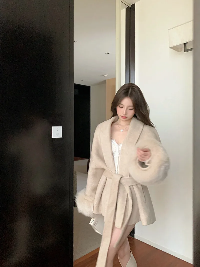 ベルト付きウエストグレーウールブレンドコート女性長袖ルーズミッドレングスオーバーコート秋冬ファッションアウター