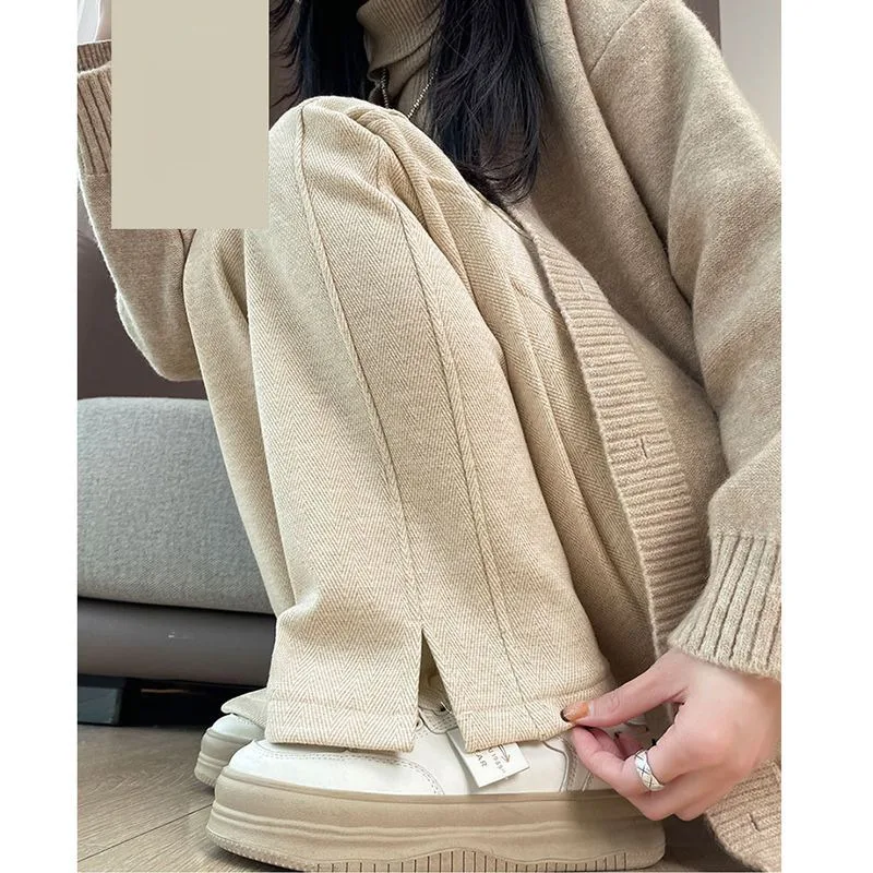 بنطلون نسائي من الصوف واسع الساق مبطن بالصوف سميك عالي الخصر، بنطال مستقيم الساق على طراز الخريف والشتاء