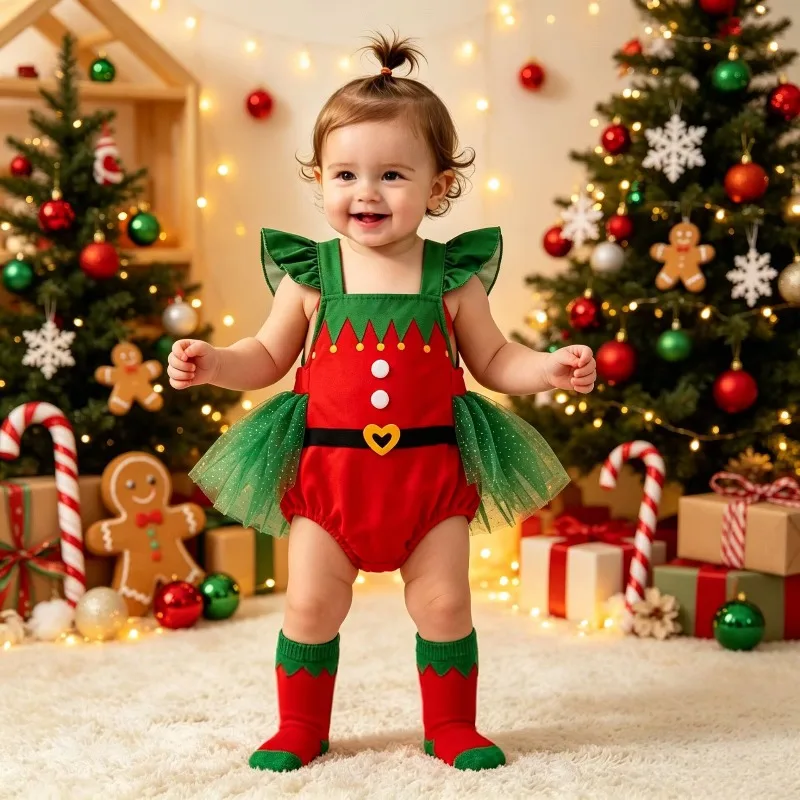 Baby Girl Christmas Elf Costume Romper Red Green Ruffled Bodysuit With Gold Heart Buckle Belt And Striped Stockings 0 24M