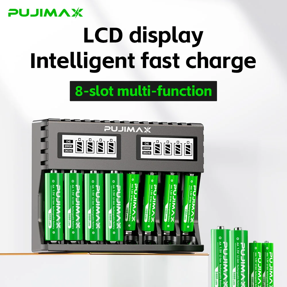 Batterie au Lithium Rechargeable PUJIMAX 1.5V 4255mWh 1100mWh batterie Li-ion de grande capacité avec chargeur de batterie Li-ion 1.5V à 8 emplacements