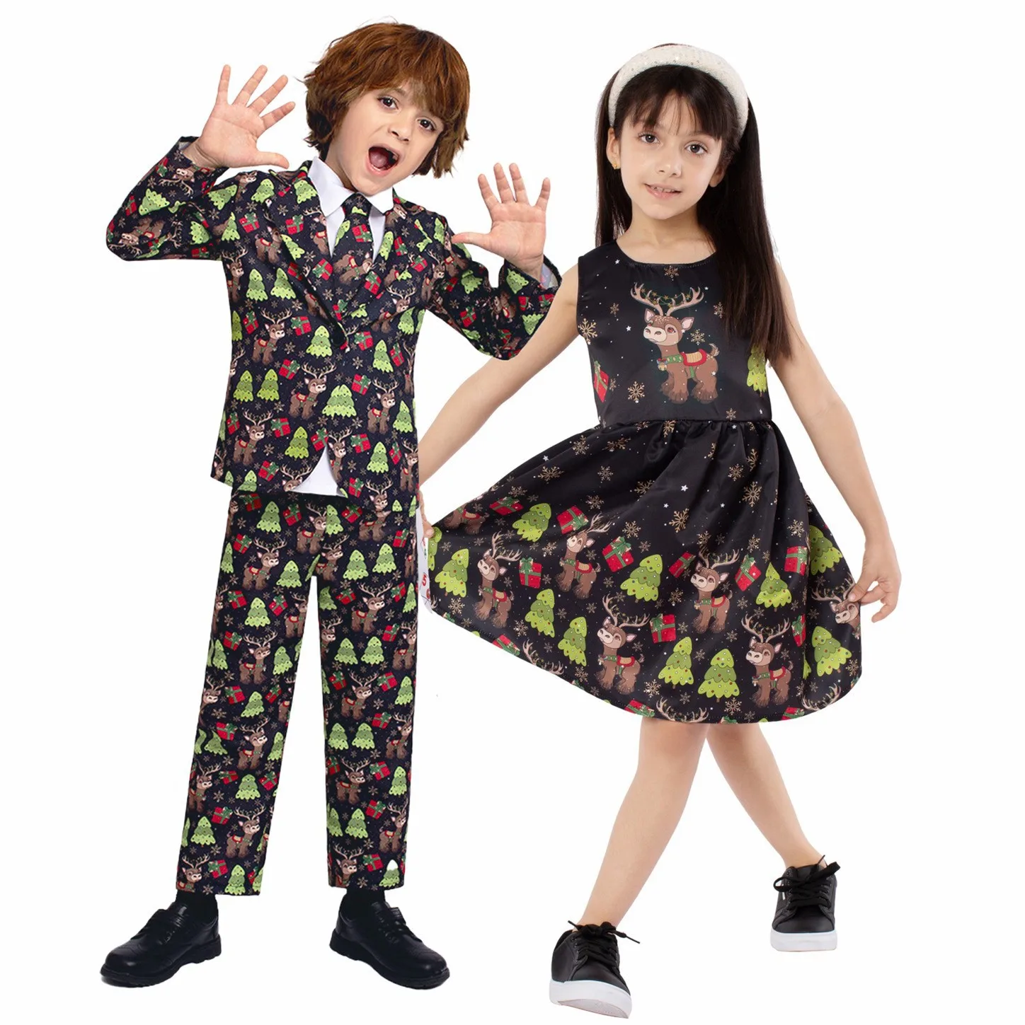 Boys and Girls' Christmas Cosplay Clothing Kids Elk Pattern Suit Coat Skirt Couple Set Festival Party Stage Performance Costume